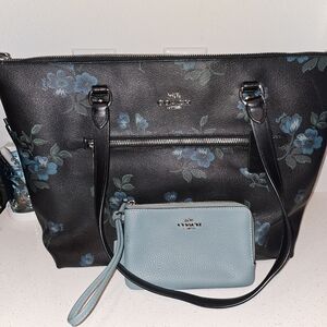 Coach Black Tote with Blue Floral Pattern and Wristlet